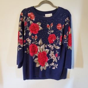 CD Daniels Floral Rose Sweater 1X XL Navy